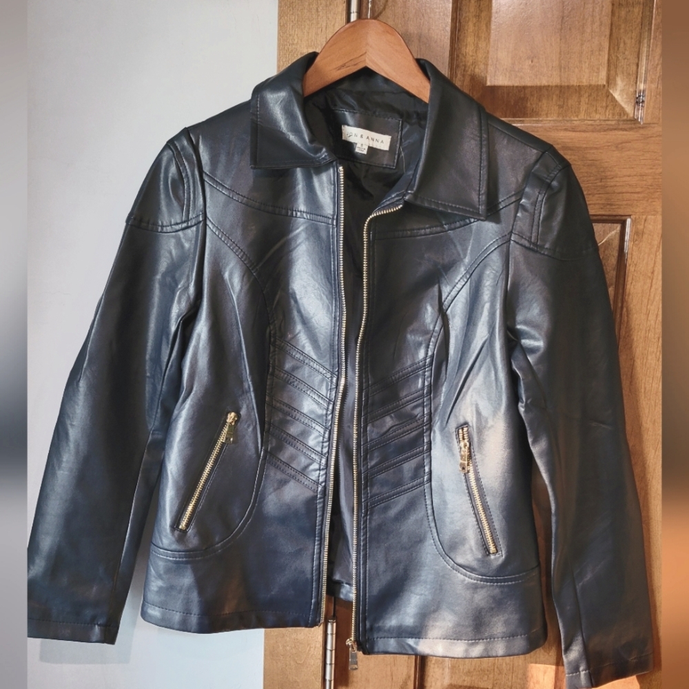 Navy Blue Vegan Leather Jacket
